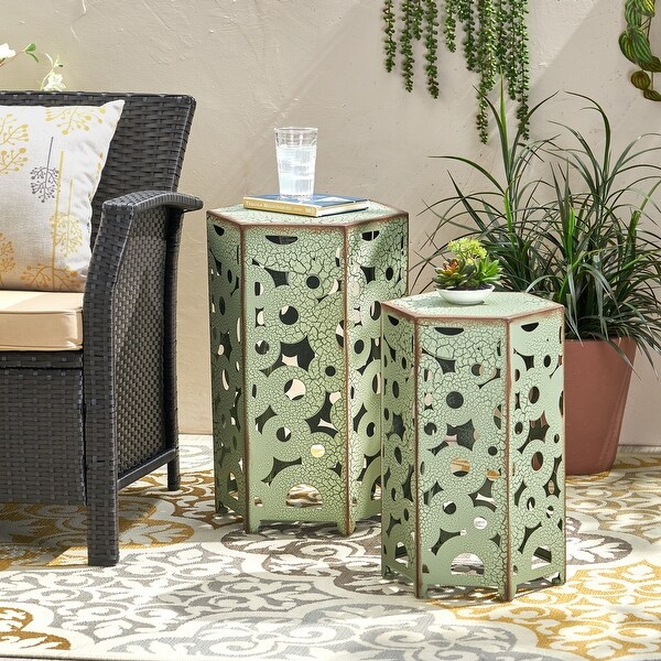 Outdoor Crackle Pattern Side Table，Accent Table Set of 2 with Hollow Out Design and Adjustable Levelers