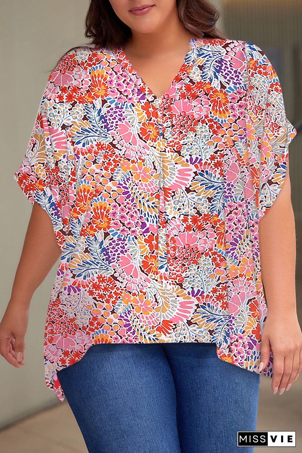 Multicolor Floral V Neck Half Sleeve Plus Size Blouse