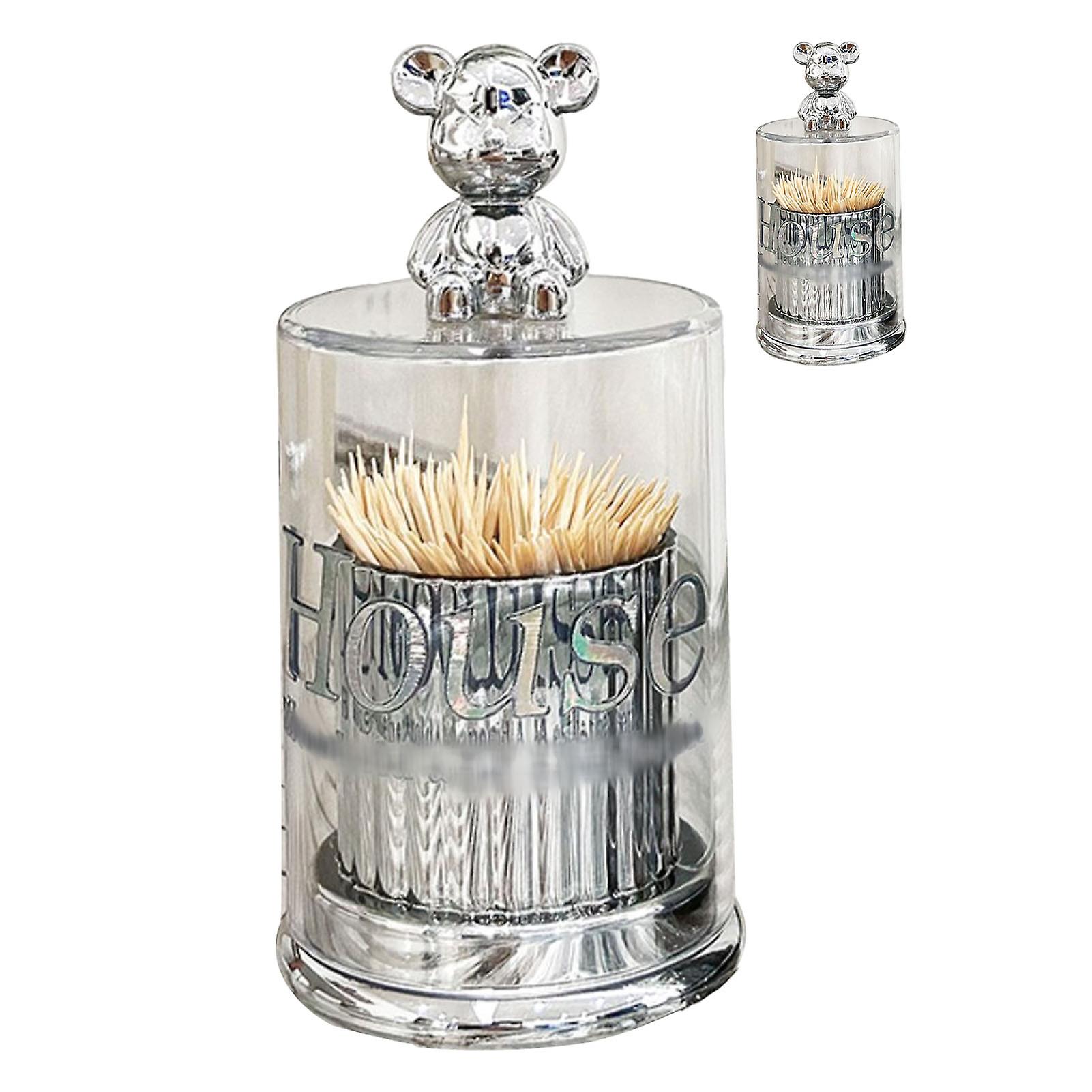 Cute Bear Toothpick Holder Crystal Clear Cotton Swab Container Storage Box Canister Jar with Lid Silver