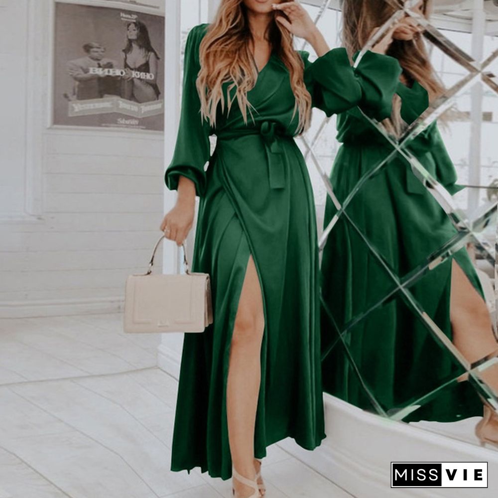 Women Puff Long Sleeve Wrap Maxi Dress Bandage Elegant Casual Silk Stain Long Dress Plus Size