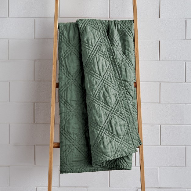 Washed Linen Green Forest Quilted Throw Levtex Home