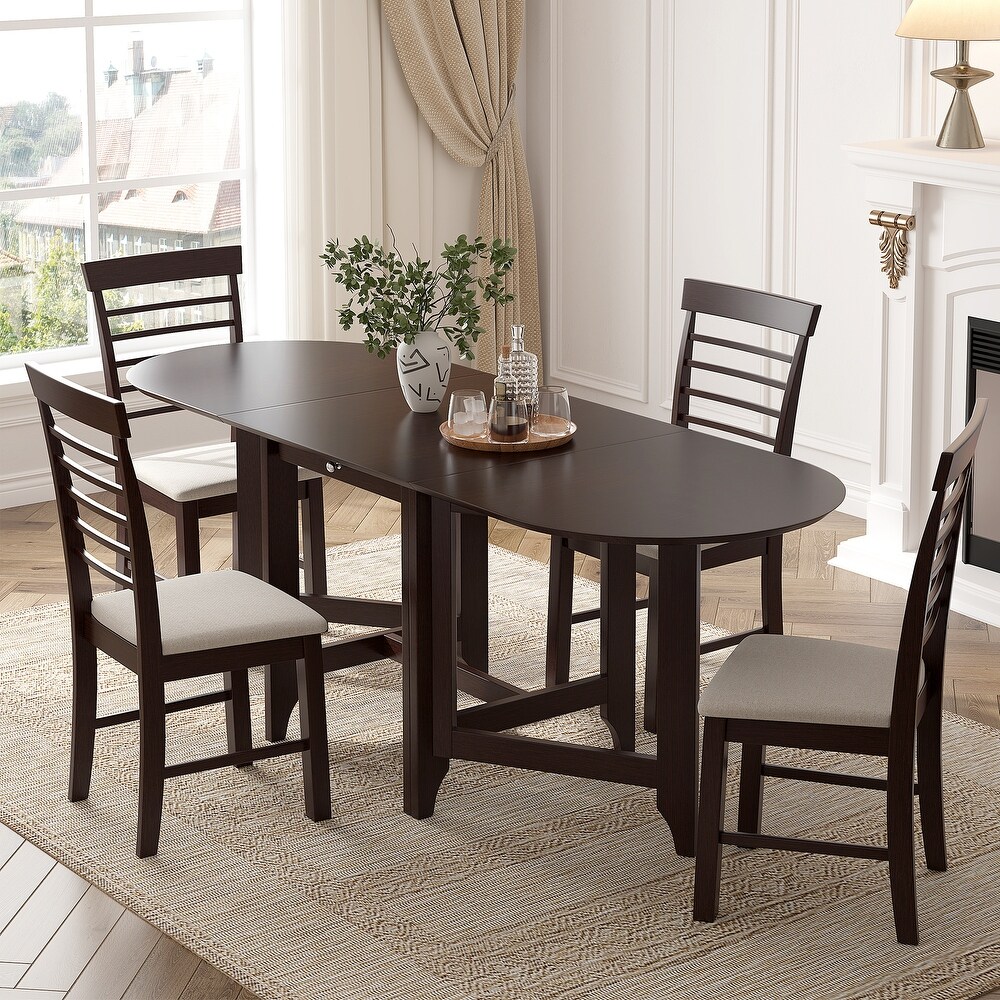 5 Piece Dining Table Set Retro Drop Leaf Table with 4 Chair