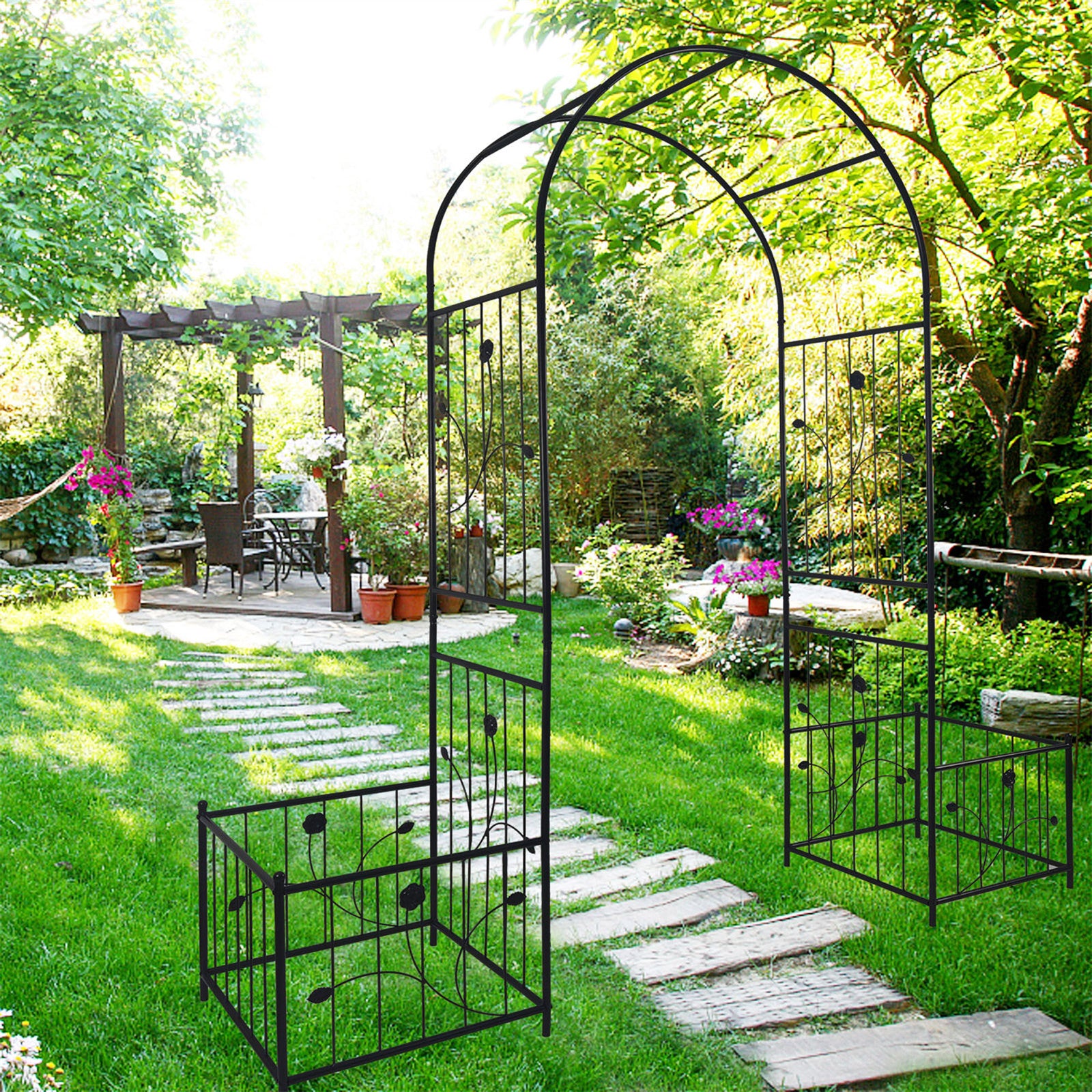 Metal Garden Arch Garden Arbor with Double Doors 2 Side Planter Baskets for Wedding Party Decoration Climbing Plants Support