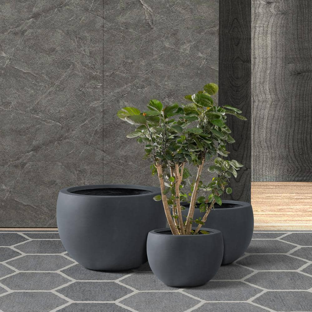 KANTE 13 in. Tall Charcoal Lightweight Concrete Round Outdoor Planter (Set of 3) RC0049ABC-C60121