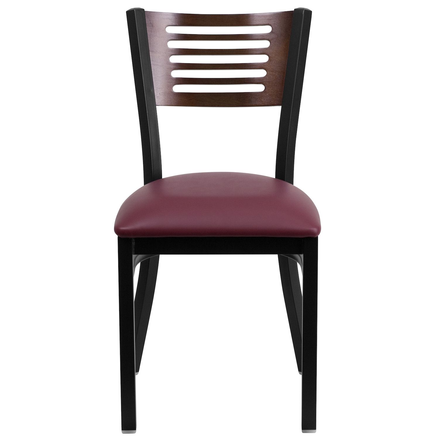 Emma and Oliver Black Slat Back Metal Restaurant Chair - Walnut Wood Back and Seat