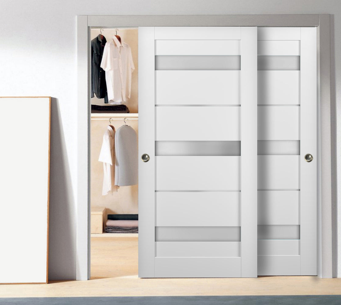 Sliding Closet Bypass Doors 48 x 80 with hardware | Quadro 4055 White Silk with Frosted Opaque Glass | Sturdy Top Mount Rails Moldings Trims Set | Kitchen Lite Wooden Solid Bedroom Wardrobe Doors