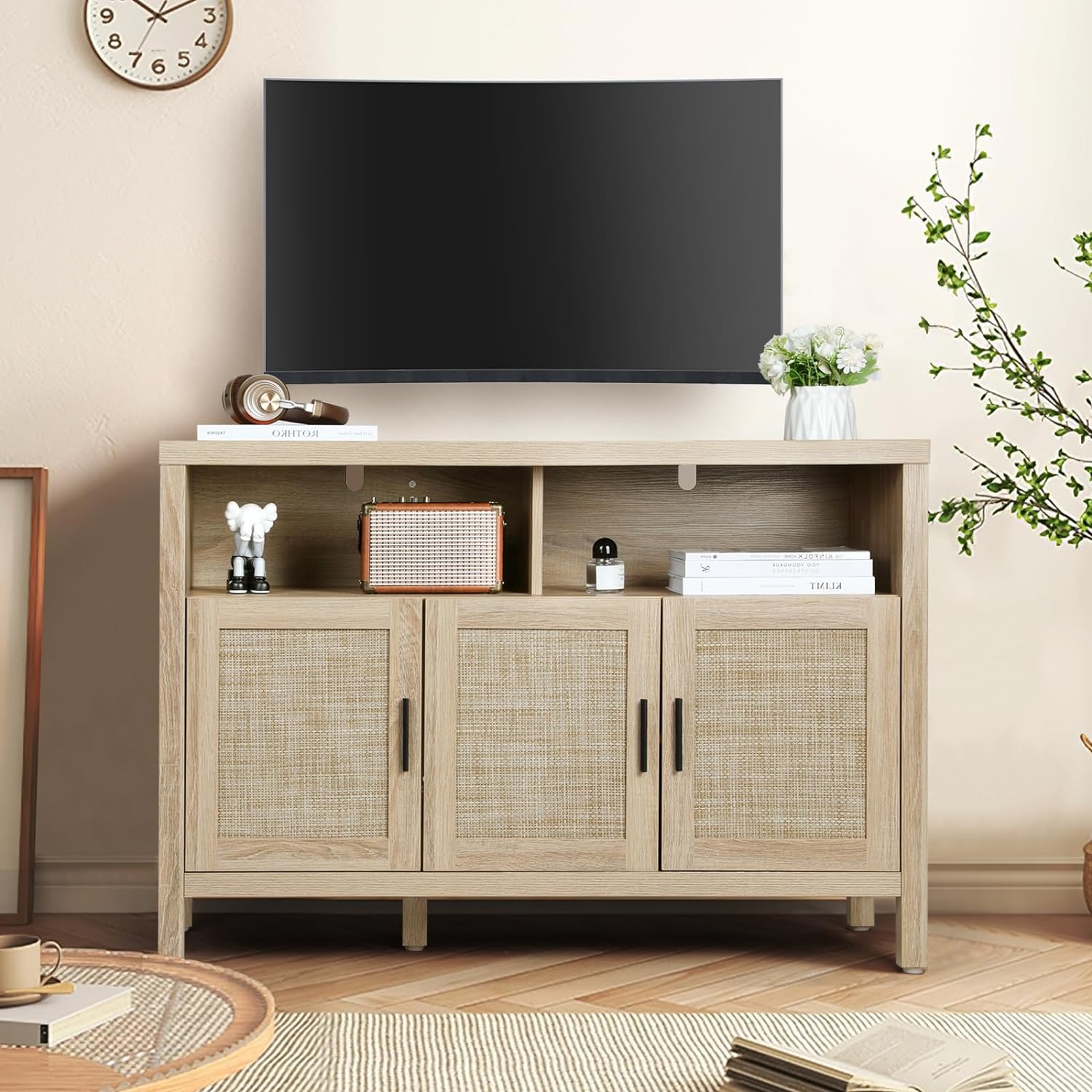 Rattan Buffet Sideboard Kitchen Storage Cabinet with 2 Shelves