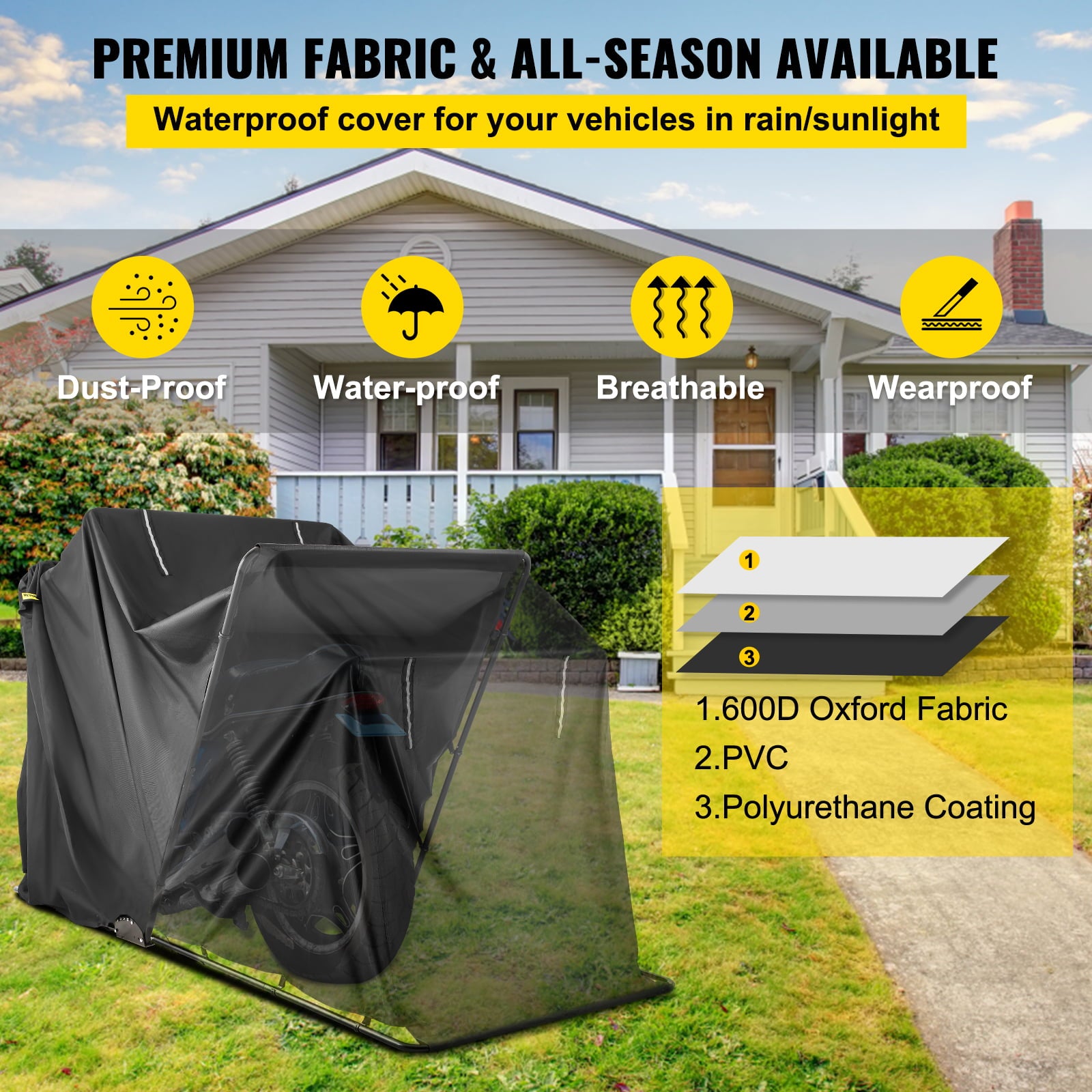 VEVORbrand Heavy Duty Motorcycle Shelter Shed Cover Storage Tent Garage with Lock， Waterproof Oxford Cloth Anti-theft， All Seasons Protection， Fits up to 132