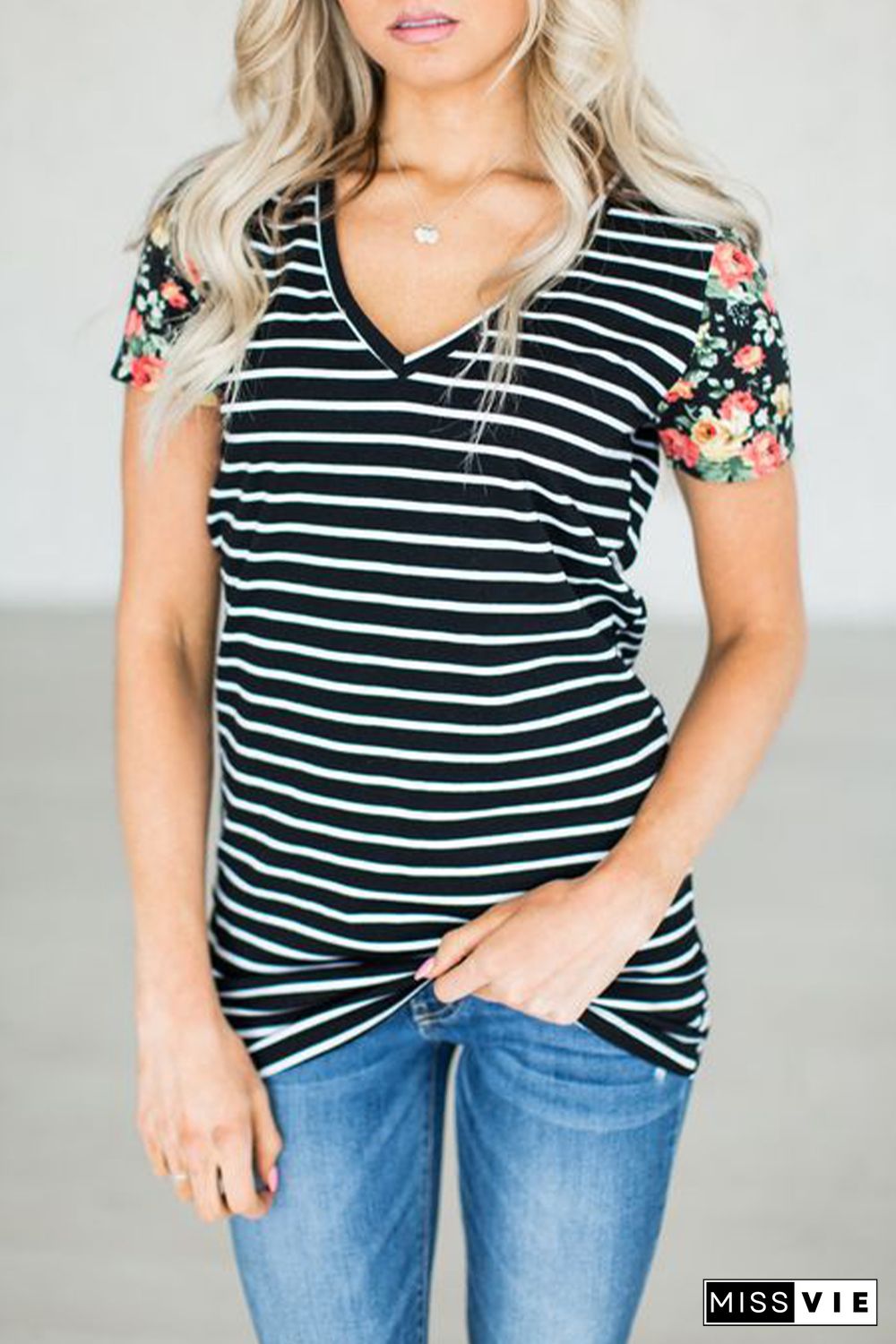 Floral Sleeves Striped T-shirt