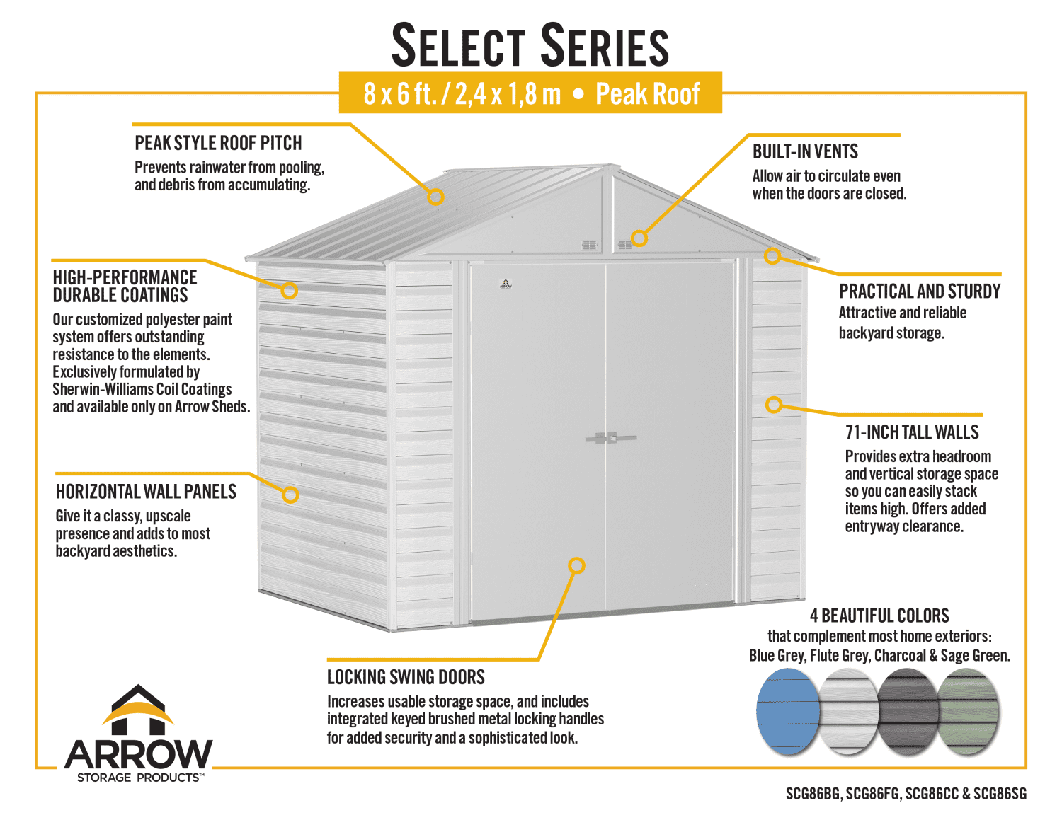 Arrow Select Steel Storage Shed, 8x6 ft, Peak Roof, Blue Grey