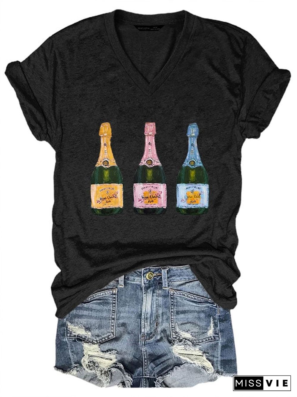 Women's Christmas Champagne Print V-Neck T-Shirt