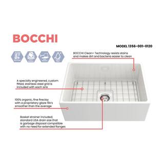 BOCCHI Contempo Farmhouse Apron Front Fireclay 27 in. Single Bowl Kitchen Sink with Bottom Grid and Strainer in White 1356-001-0120