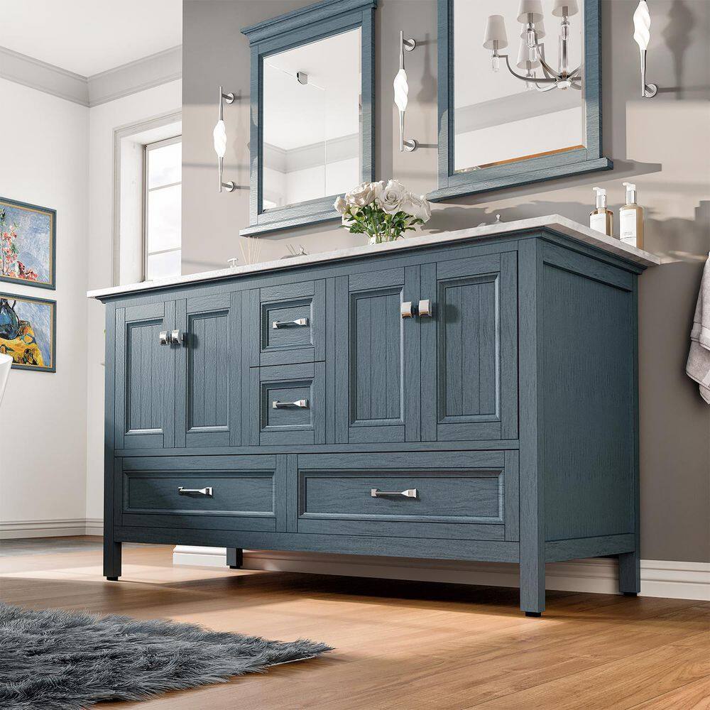 Eviva Britney 60 in. W x 22 in. D x 34 in. H Double Bath Vanity in Ash Blue with White Carrara Marble Top with White Sinks EVVN612-60AB