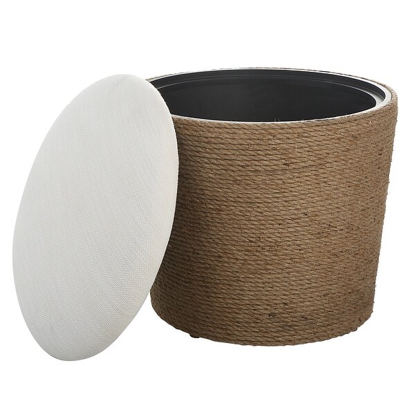 Beige Upholstered Accent Stool with Fiber Rope Base - 18.25