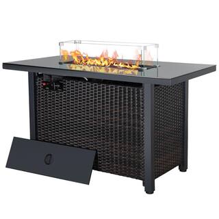 Afoxsos 43 in. W x 22 in. D x 25 in. H Outdoor 50000 BTU Rattan and Metal Propane Fire Pit Table with Glass Wind Guard Lid HDMX1749