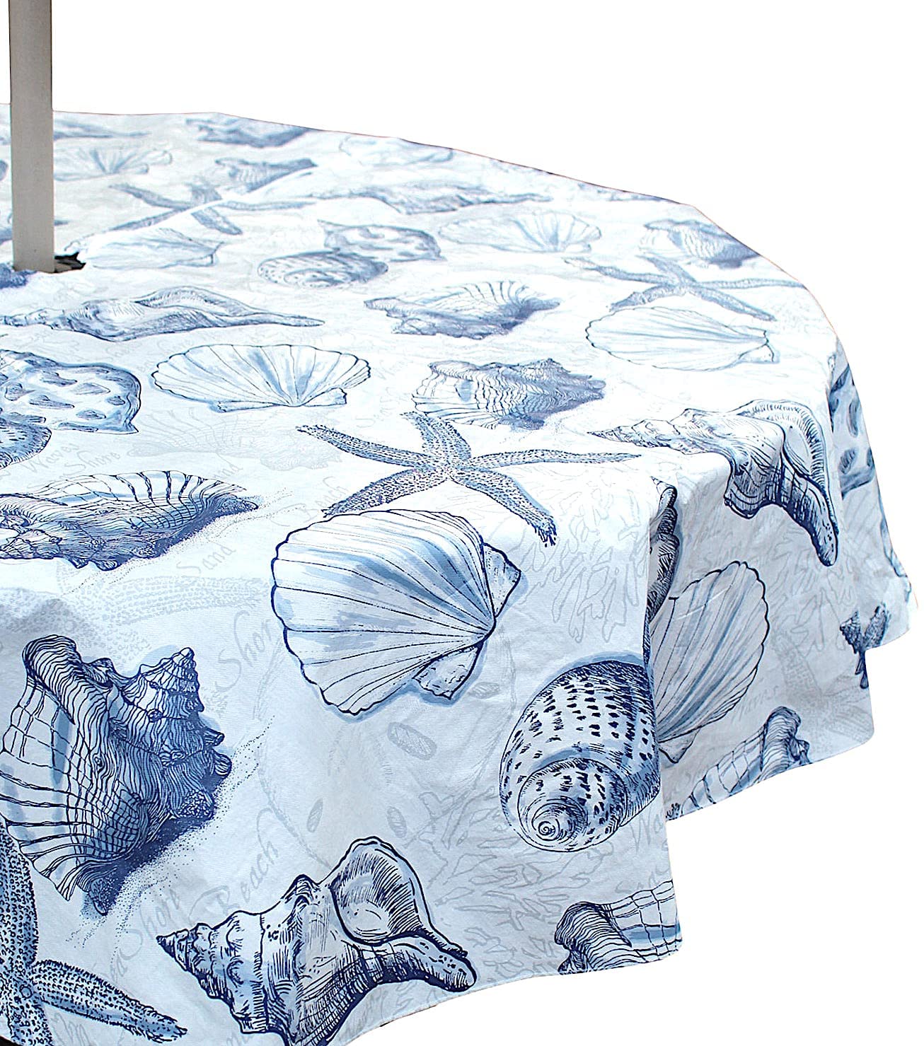 Elrene Summer Ocean Beach Shells Sketched Coastal Vinyl Tablecloths: Patio Table Umbrella Tablecloth with Hole with Zipper, Navy Blue White, 52" x 84" Inch Rectangle