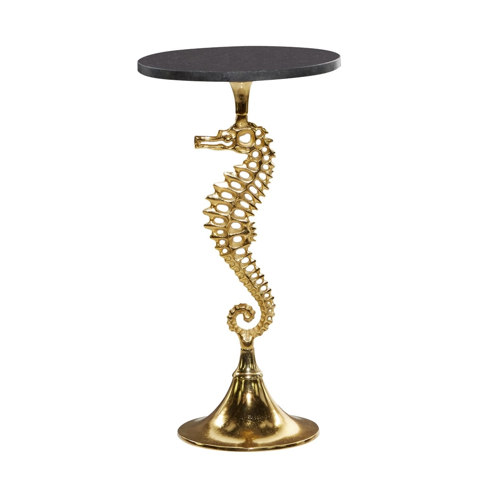 Gold Aluminum Sea Horse Accent Table with Black Marble Table Top   13 x 13 x 25Round