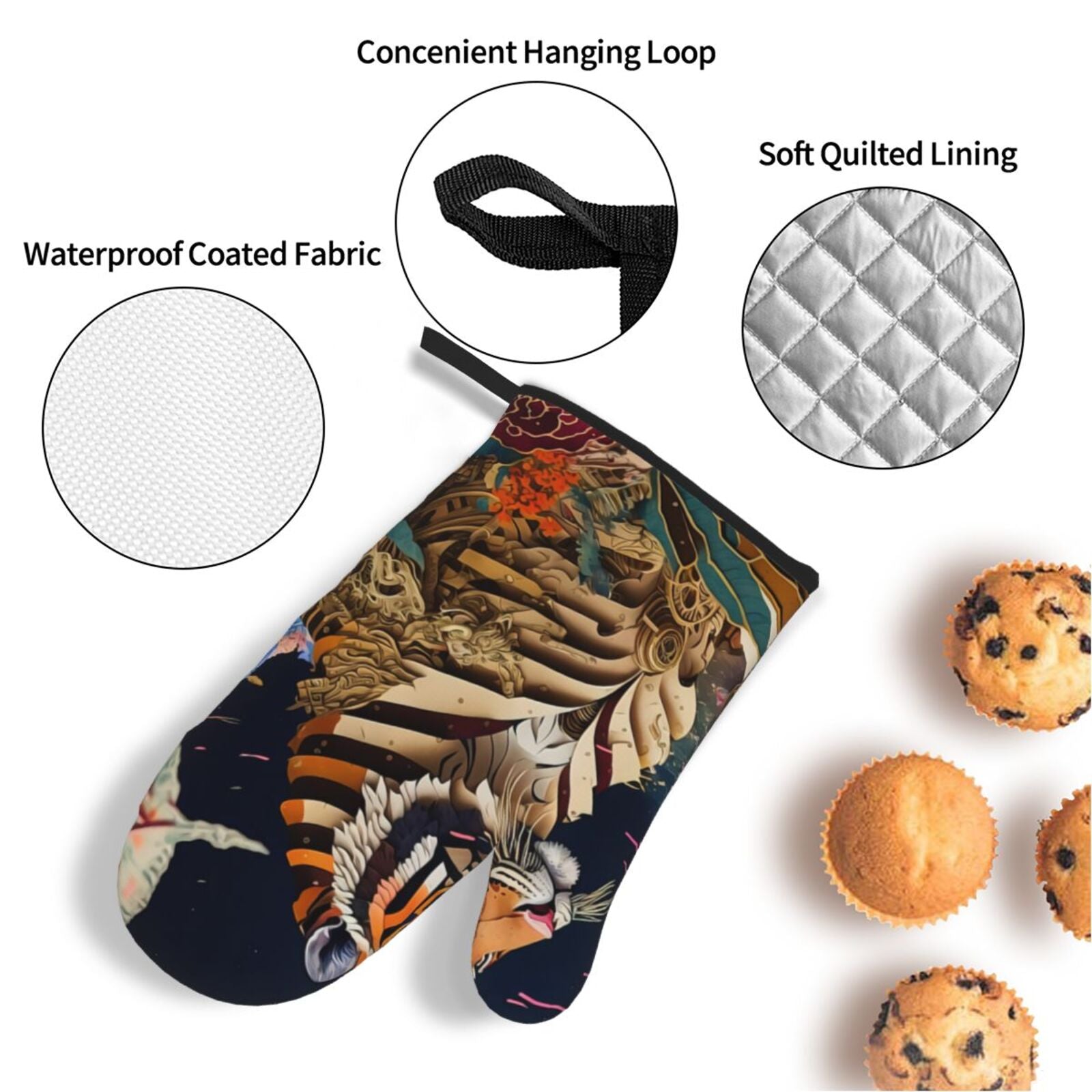 Oven Mitts and Pot Holders Set， Baking 4-Piece Set for Kitchen for Outdoor BBQ Mitts Heat Resistant Cooking， Tiger Paper Cutting Pattern