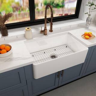 36 in. Farmhouse Apron Single Bowl White Fireclay Workstation Kitchen Sink with Bottom Grid W1432lyp62849