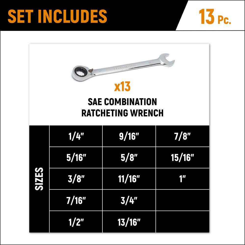 GEARWRENCH SAE 72-Tooth Combination Ratcheting Wrench Tool Set (13-Piece) 9312