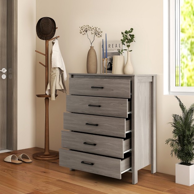 Costway Modern 5 Drawer Chest Storage Dresser Cabinet With Metal Handles Grey Oak