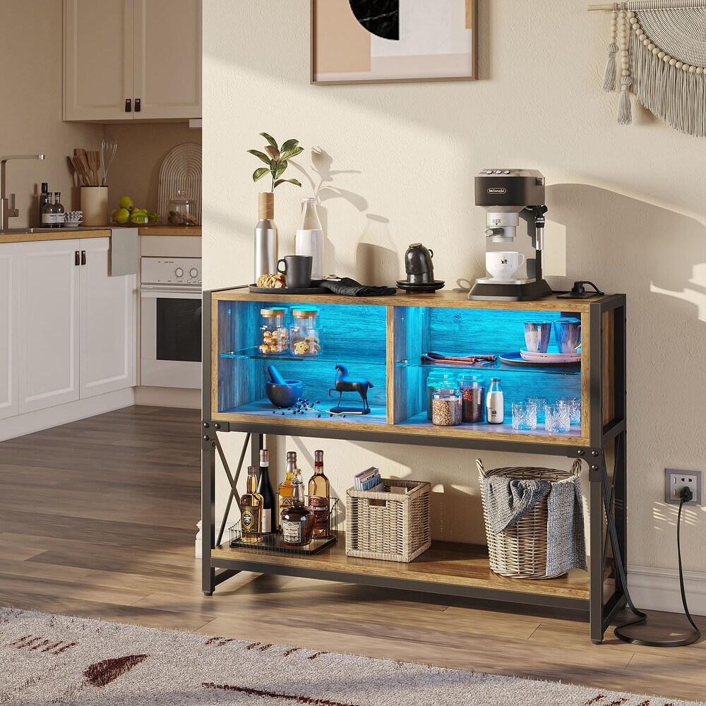 Industrial Console Table with LED Lights and Charging Station