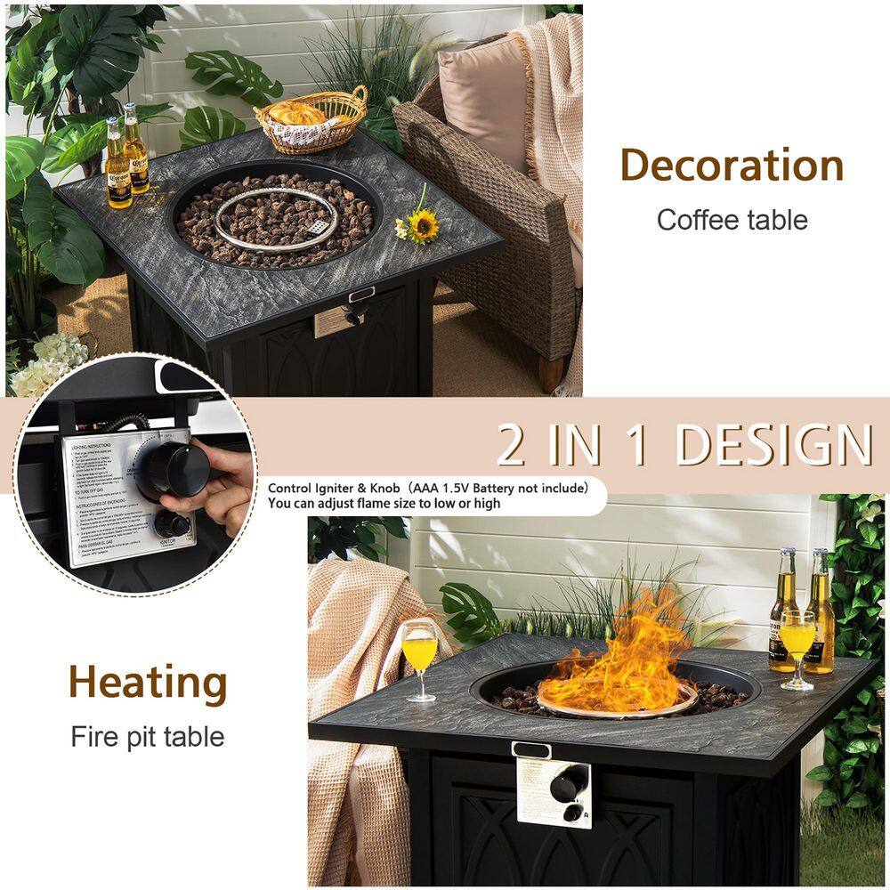 Costway 50000 BTU Propane 32 in. Stone Metal Fire Pit Table Square Tabletop with Lava Rocks Cover NP10464US-BK