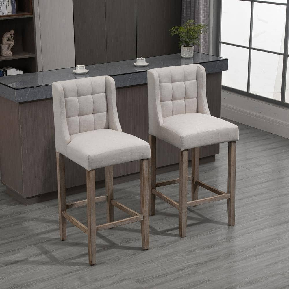 HOMCOM 41.75 in. Cream White Low Back Metal Foot Rest Bar Height Bar Stool with Tufted Upholstered Pub Seat (Set of 2) 835-485V01CW