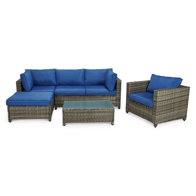 4pc Wicker Patio Sectional Seating Set Blue Edyo Living