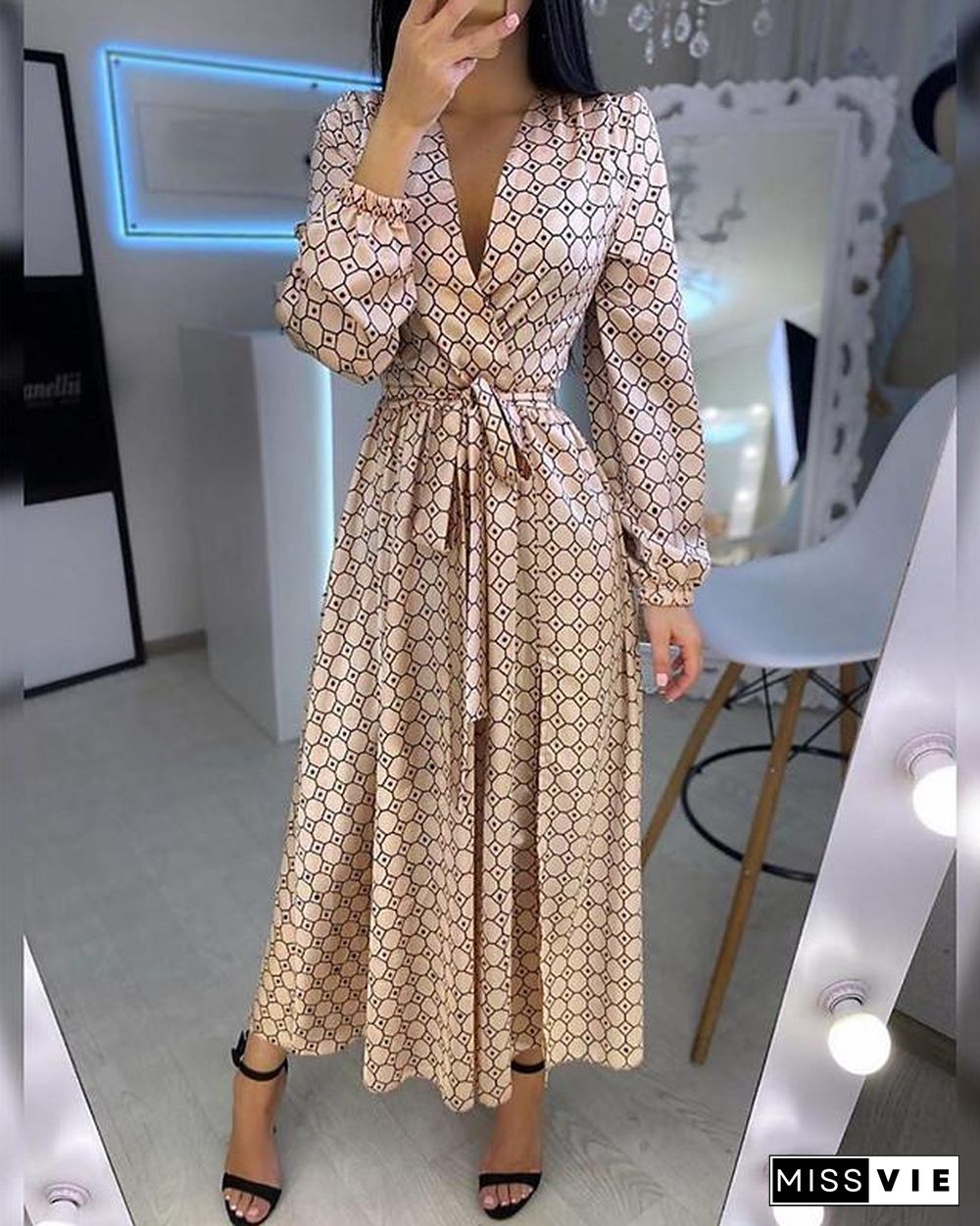 Women's Swing Dress Maxi long Dress Long Sleeve Geometric Patchwork Print Spring Summer Hot Casual Lantern Sleeve Gold S M L XL XXL