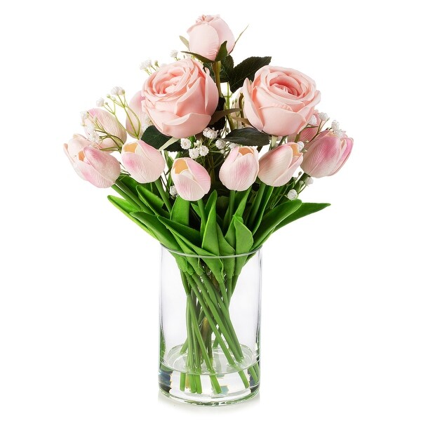 Enova Home Mixed Artificial Real Touch Tulip and Rose Flower Arrangement in Clear Glass Vase with Faux Water