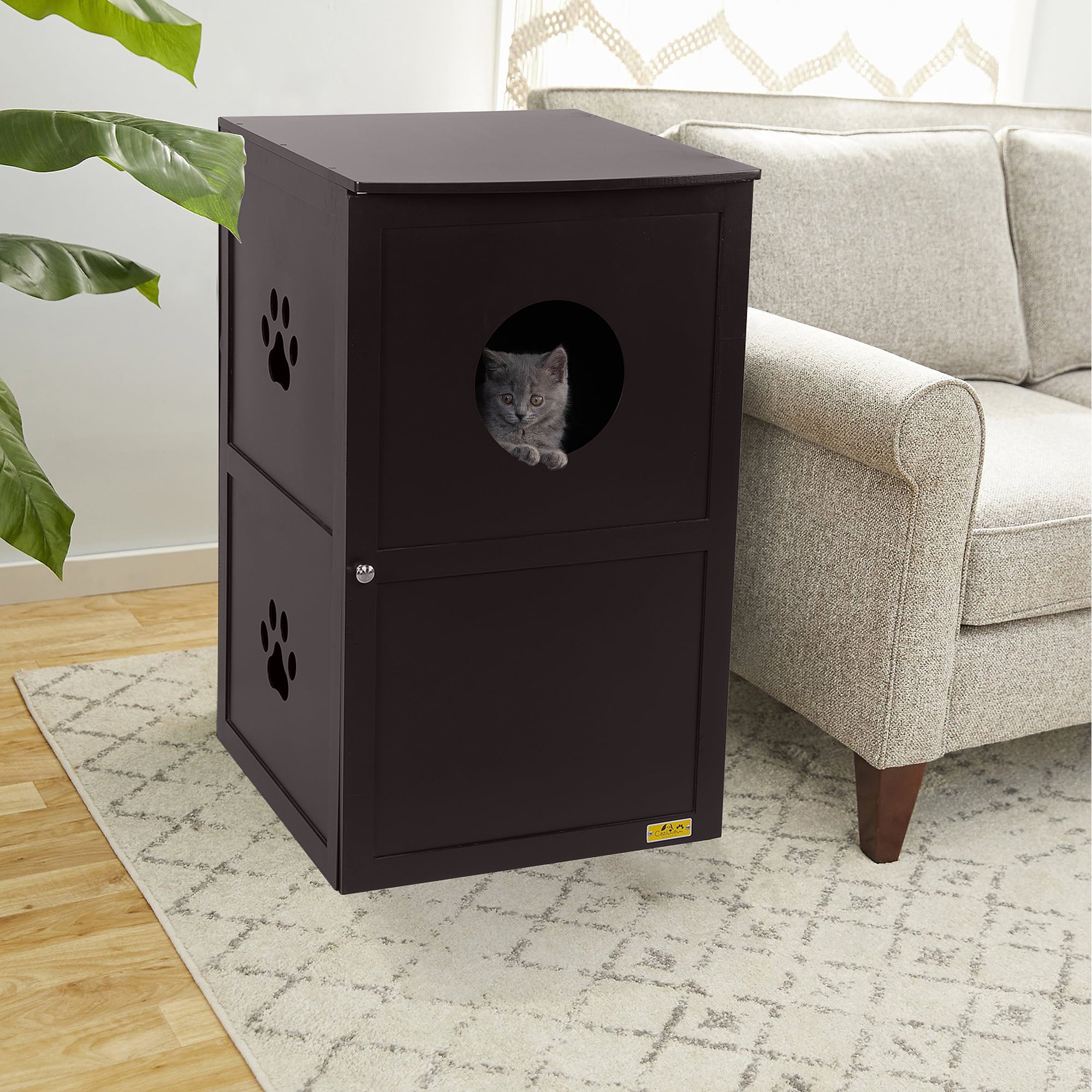 Coziwow 2-Story Cat Litter Box Enclosure Furniture Cat House Large Box Table， Brown