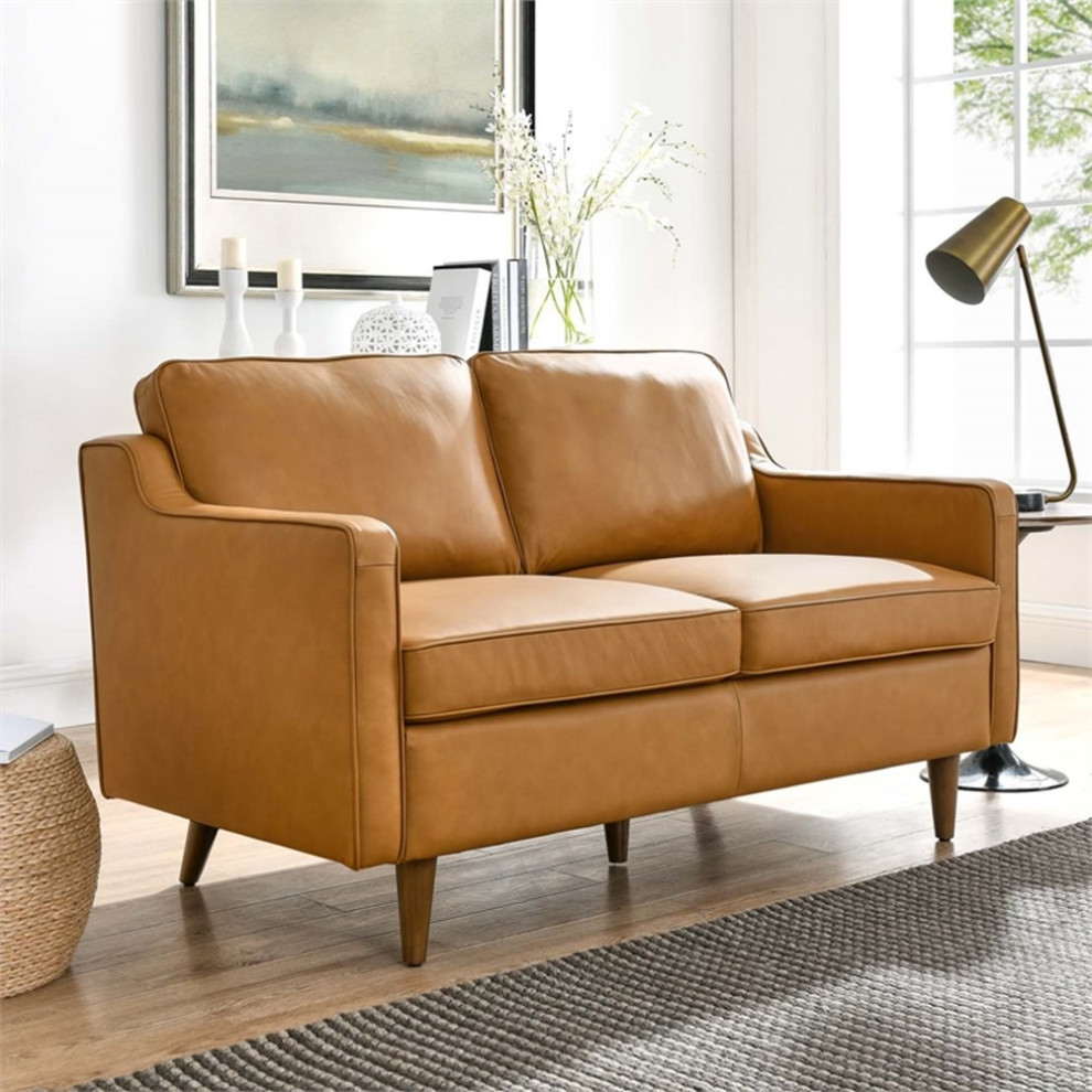 Modway Impart Modern Cushion Back Genuine Leather Upholstered Loveseat in Tan   Midcentury   Loveseats   by Homesquare  Houzz