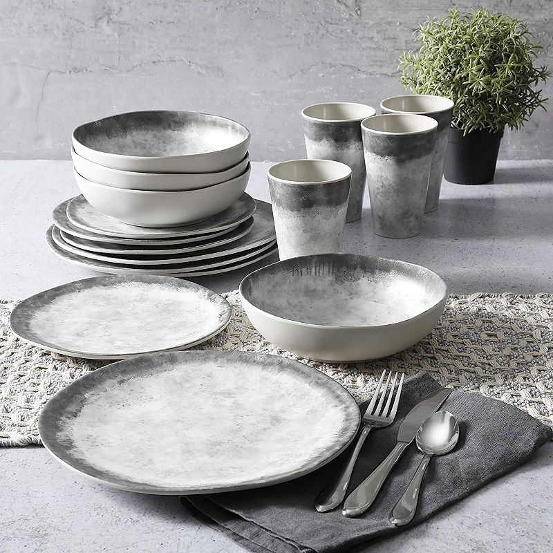 Gibson Home Granite 16 Piece Round Melamine Plate， Bowl， and Cup Dinnerware Set