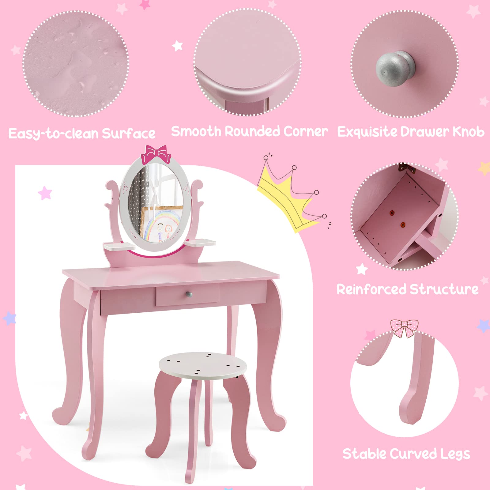 Costzon Kids Vanity Set with Mirror, 2 in 1 Princess Makeup Dressing Table