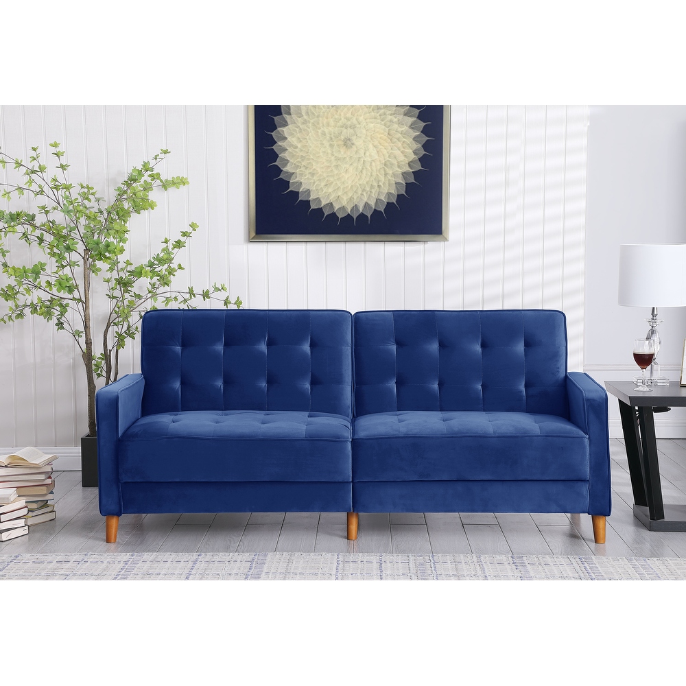 Modern Velvet Upholstered Sofa Bed Adjuastable Reclining Sofa with Split Tufted Back and Wooden Legs