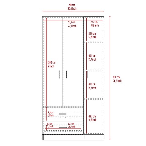 Bosko 3 Doors Armoire， 2 Drawers， 4 Shelves， Metal Rod - - 34518435