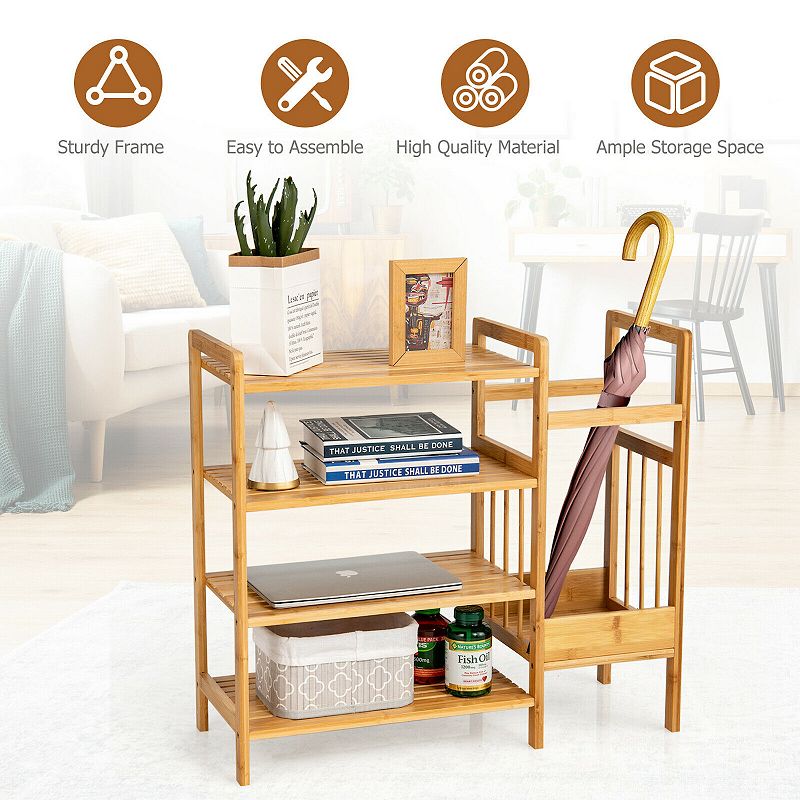 4-Tier Wicker Shoe Rack Organiser with Umbrella Holder-Natural