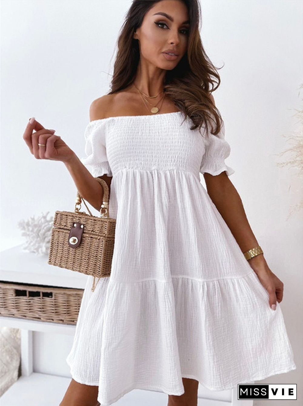 Women Summer Casual Dress Slash Collar Off Shoulder Short Sleeve Beach Dress Plus Size Mini Dress