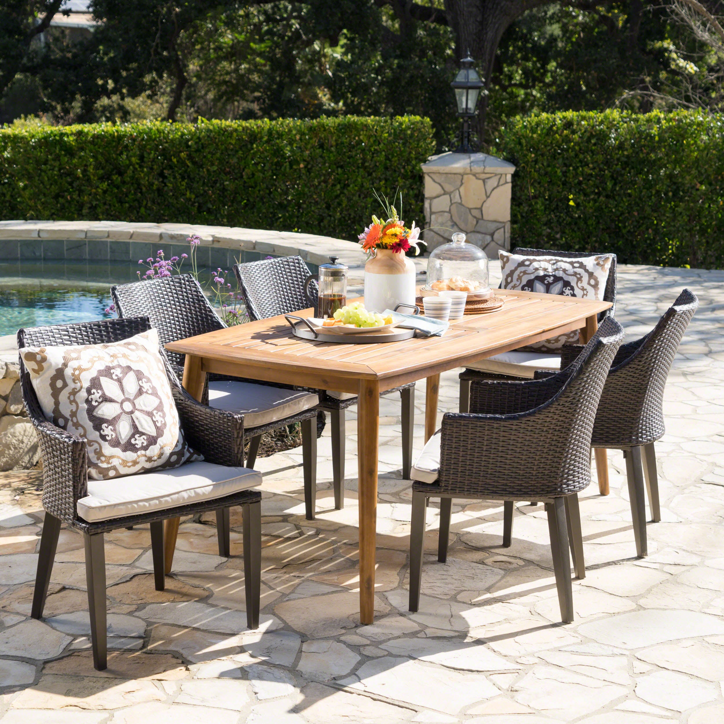 Allentown Outdoor 7 Piece Multi-brown Wicker Dining Set with Acacia Wood Table