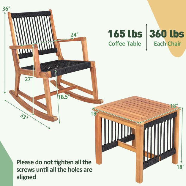 Costway 3pcs Patio Acacia Wood Bistro Table Rocking Chair Set All weather Rope Outdoor