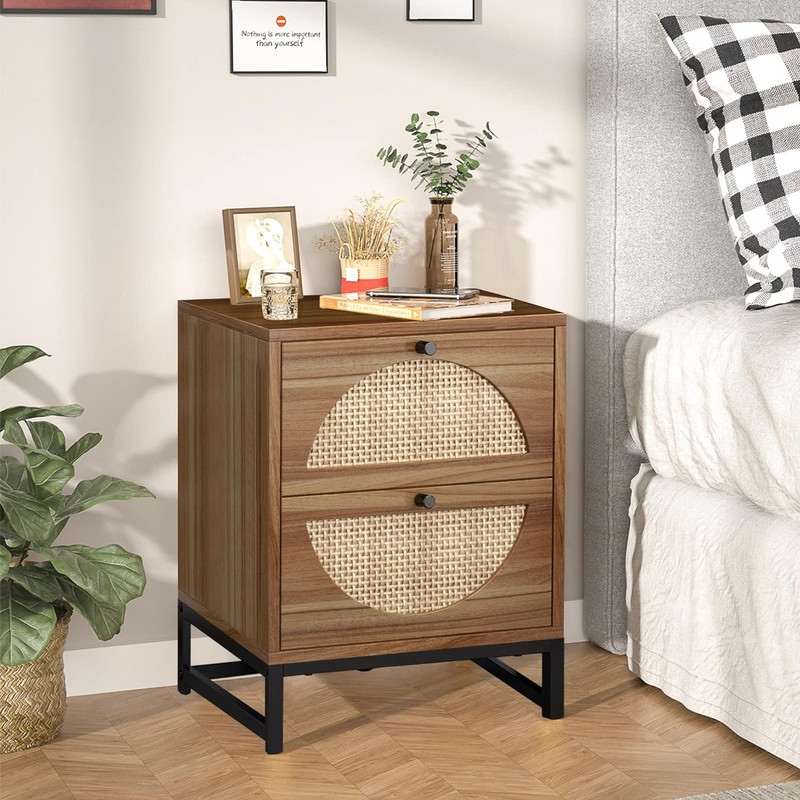 Modern Minimalism Rattan Nightstand  Wood Bedside Table with Two Drawers  Boho End Table  Side Table for Living Room  Bedroom