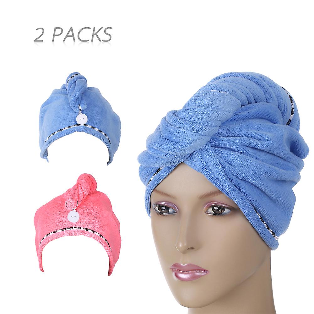 2pcs Soft Microfiber Quick Dry Hair Drying Towels Water-absorbent Dry Hair Cap Bath Shower Wrap Turban Towel With Button For All Hair Types And Length