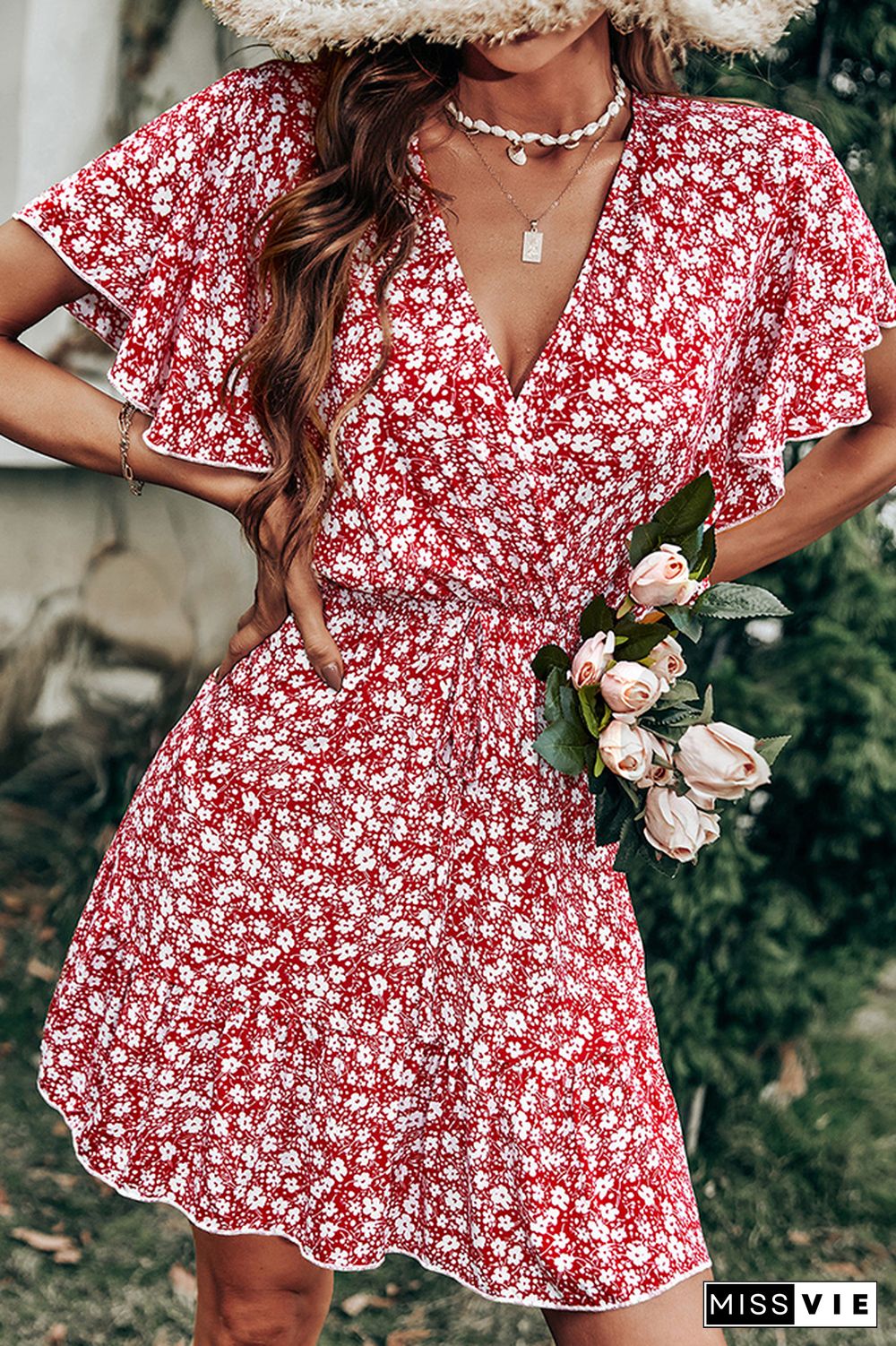 Red V Neck Floral Short Sleeve Dress Wholesale