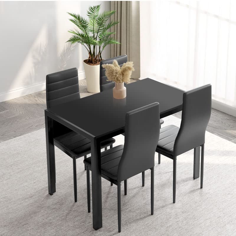 Arlopu 5-Piece Dining Table Set for 4, Tempered Glass Tabletop and 4 Faux Leather Chairs, for Kitchen, Dining Room