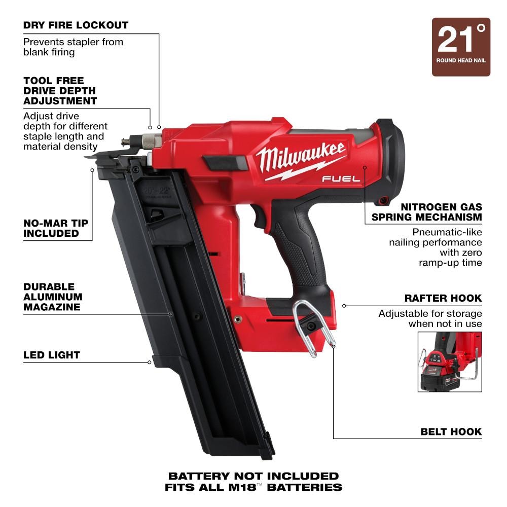 Milwaukee M18 FUEL 3-1/2 in. 18-Volt 21-Degree Lithium-Ion Brushless Cordless Nailer w/Tower Light, Two 6Ah HO Batteries 2744-20-2131-20-48-11-1862