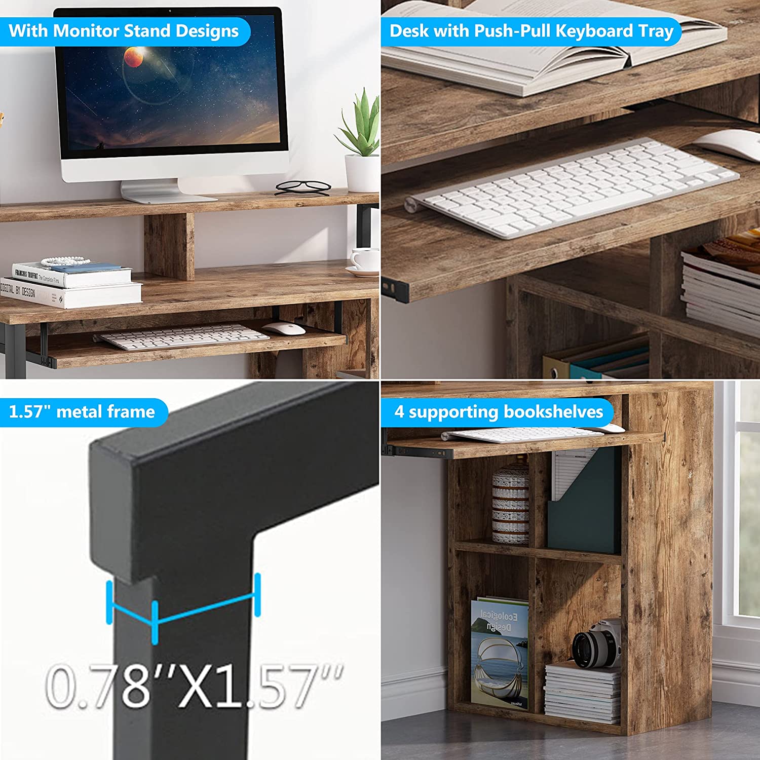 Industrial Computer Desk with 4-Cube Shelves & Push-Pull Keyboard Tray