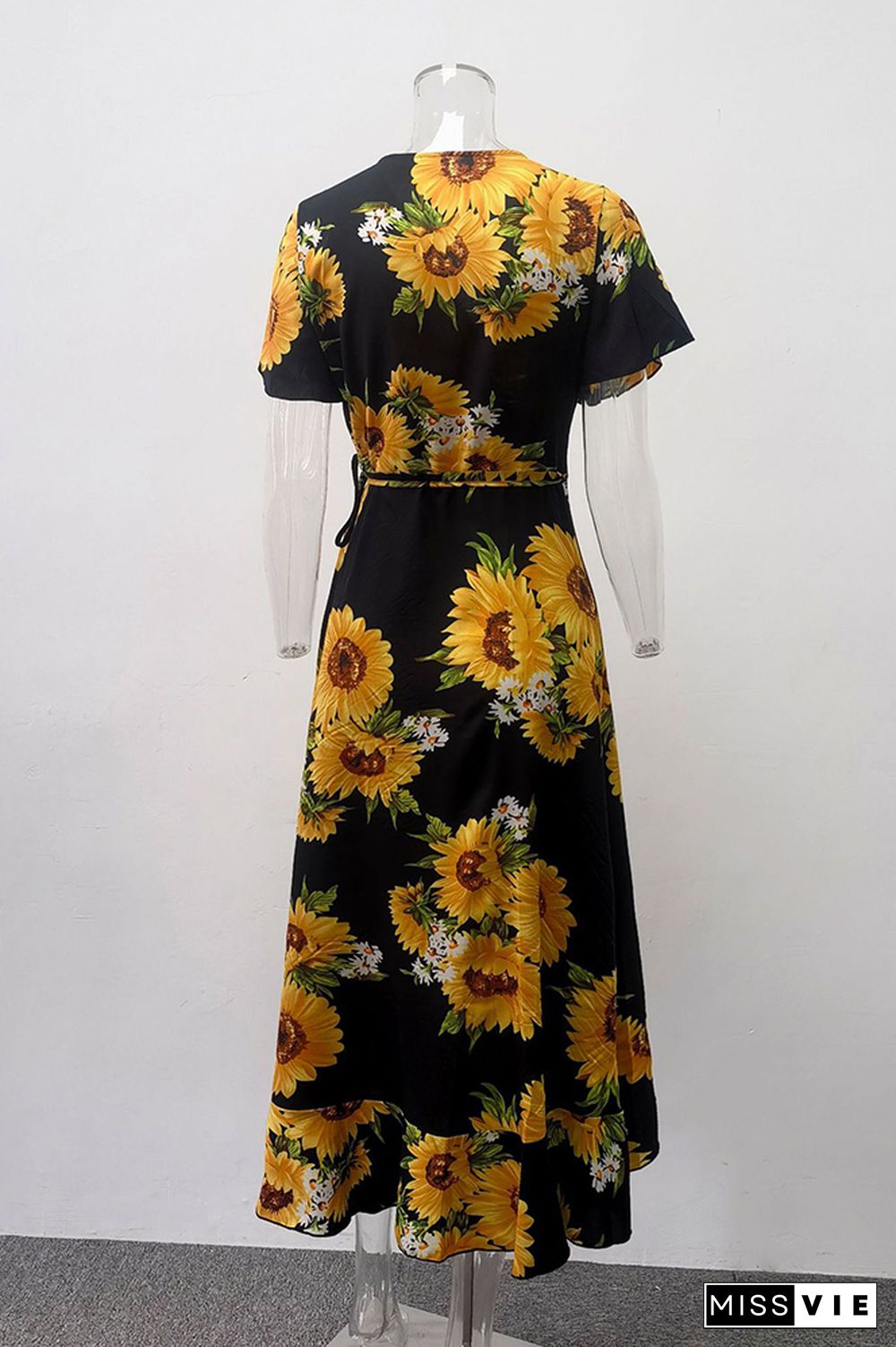 Sunflower Print Ruffled Bohemian Long Dress Wholesale