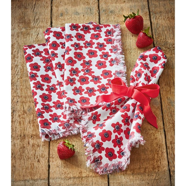 Tag Happy Flower Bright Red Floral Print On White Backgroun Cotton Machine Washable Napkin Set Of 4