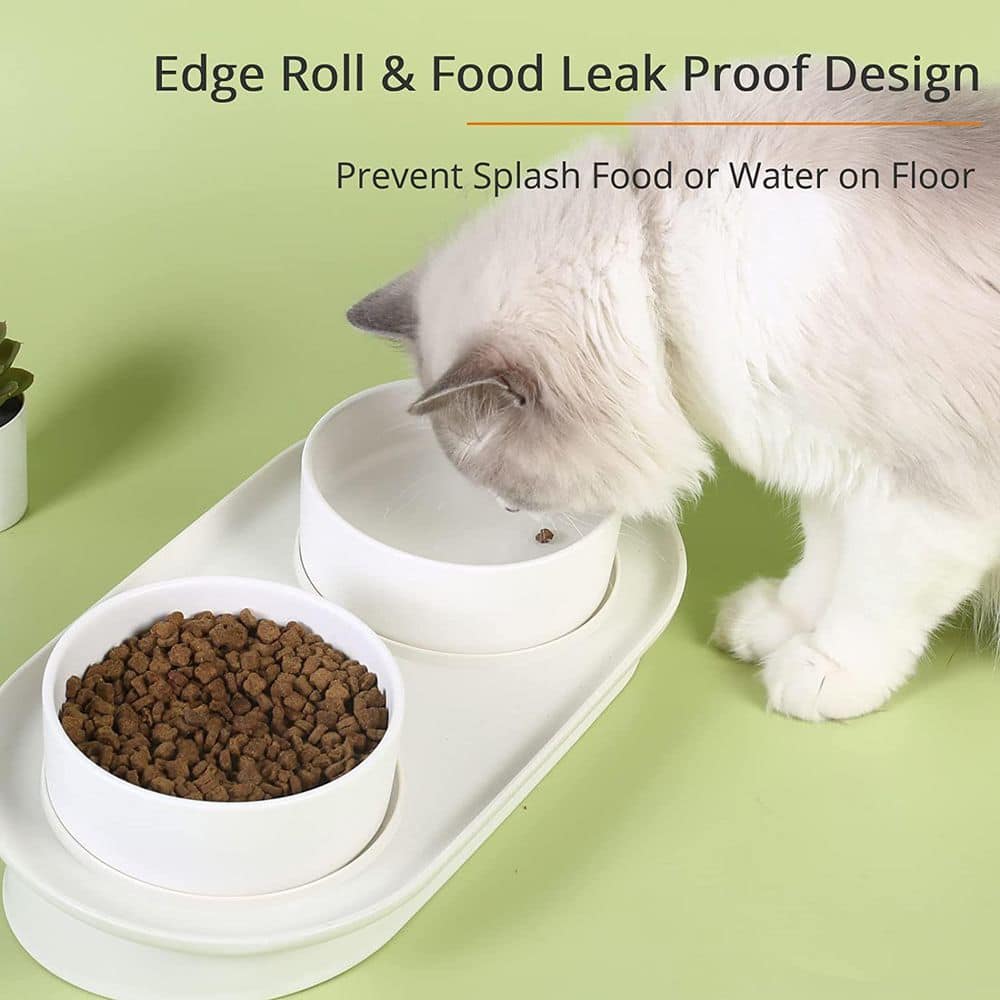 Elevated Cat Bowls, Raised Cats Ceramic Food and Water Stand Bowl Dishes in White H-D0102H9XK8U